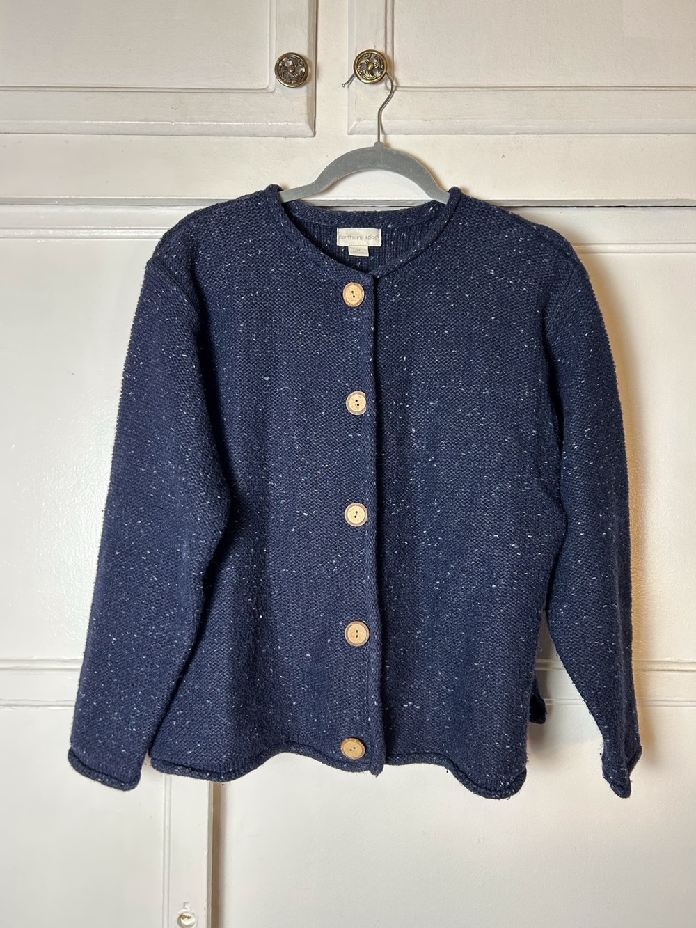 Cardigan Sweater Women’s Med Blue Speckled Wool Blend Fisherman Coastal